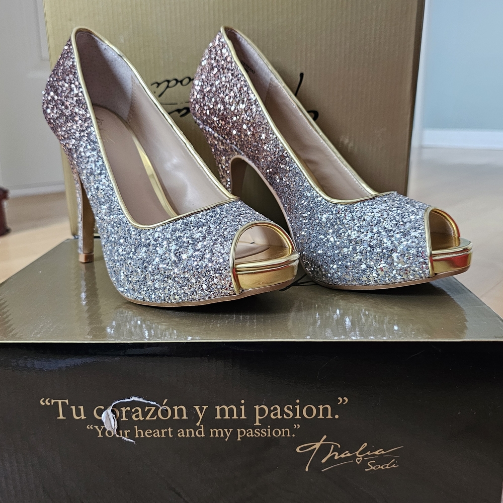 Thalia Sodi Women's Glitter Peep-Toe Heels - Silver and Gold